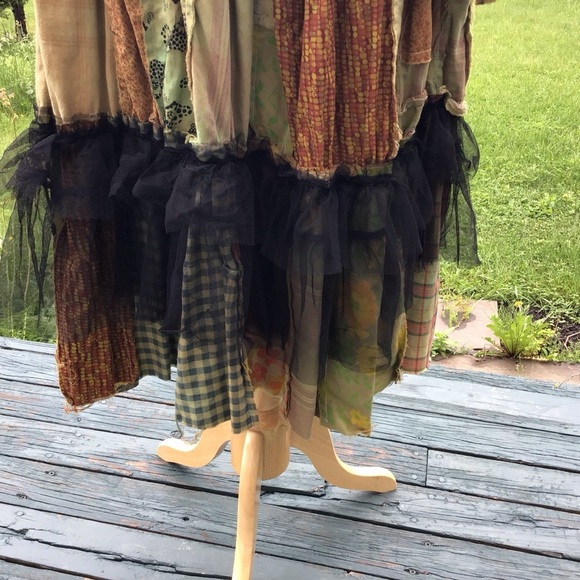 Boho up-cycled tiered patchwork overdyed jean / cotton distressed maxi skirt M/L - Picture 6 of 9